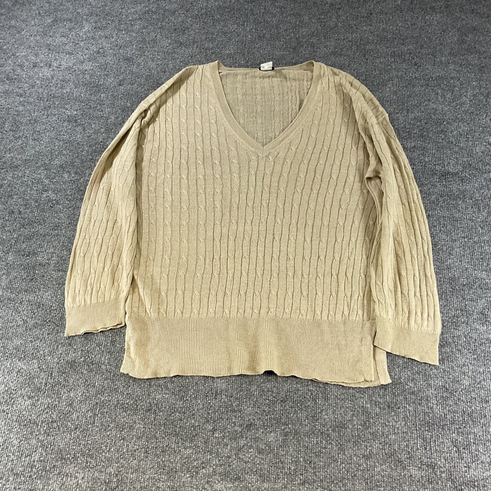 J.Crew Womens XL Beige 100% Linen Cable Knit V-Neck Sweater Tan Lightweight